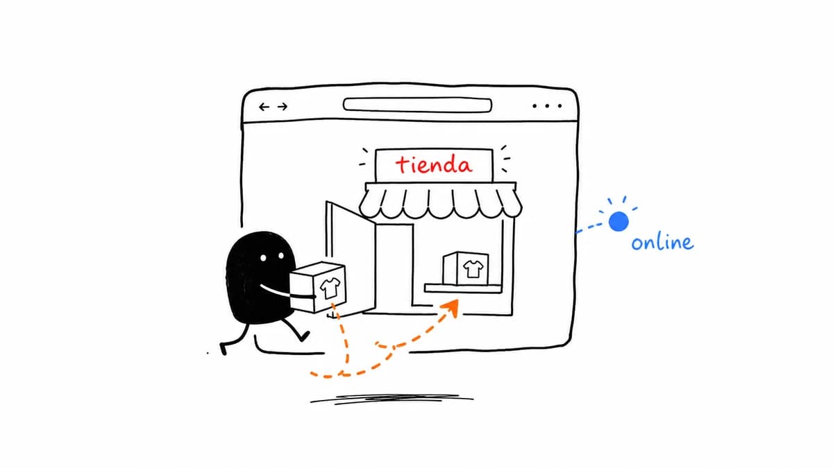 Ilustración de producto entrando a una tienda en línea propia.